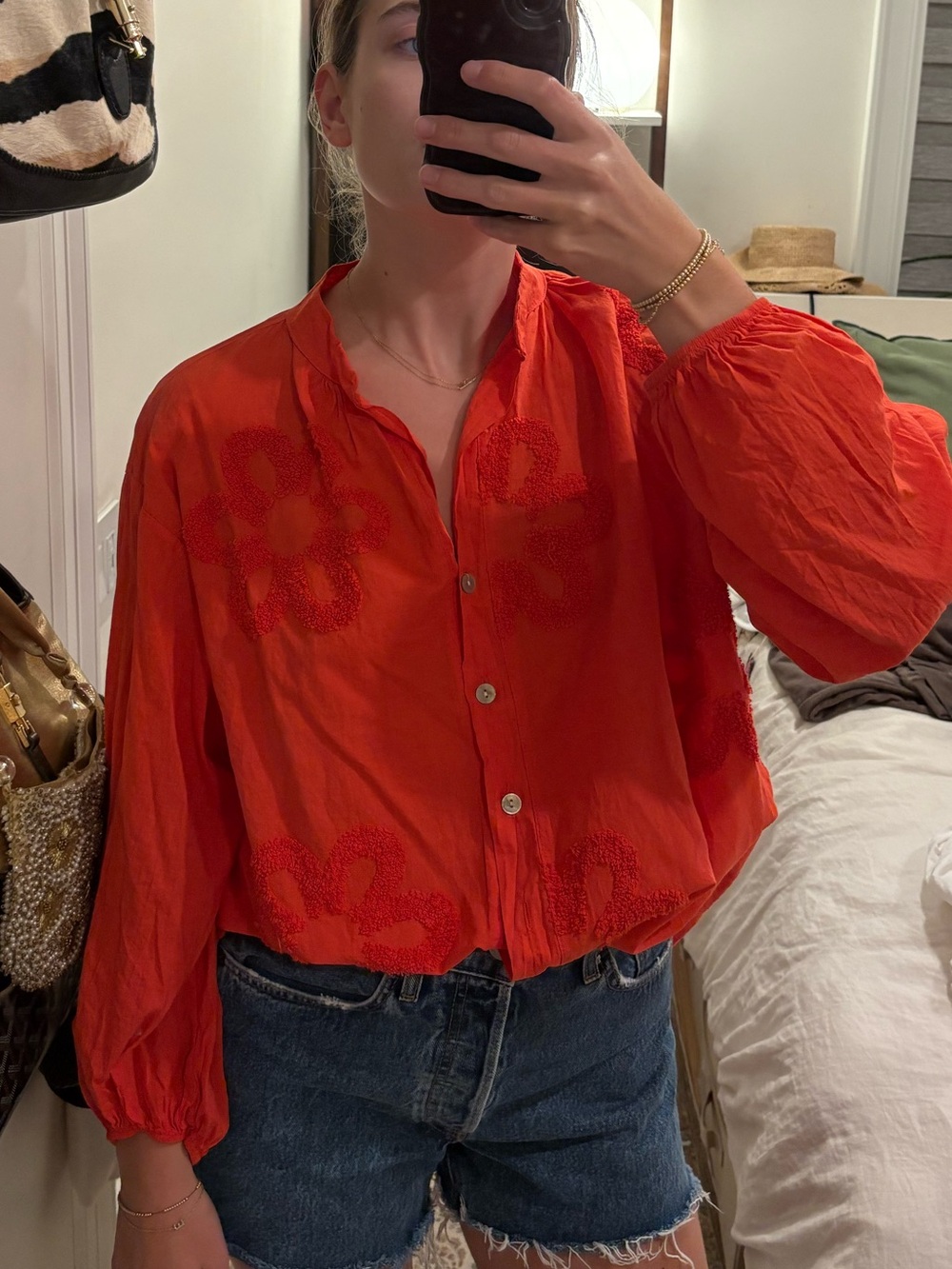 Womens Coral Red Button-Front Floral Embroidered Blouse